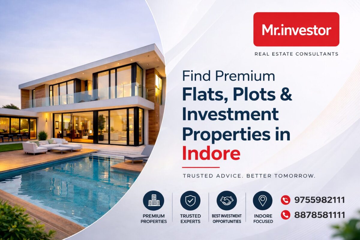 “Mr.Investor real estate consultants Indore offering premium flats, plots and investment properties with luxury modern villa and pool view”