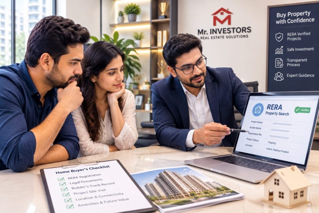 Real estate consultant explaining RERA-approved property documents to homebuyers in a modern office in Indore."