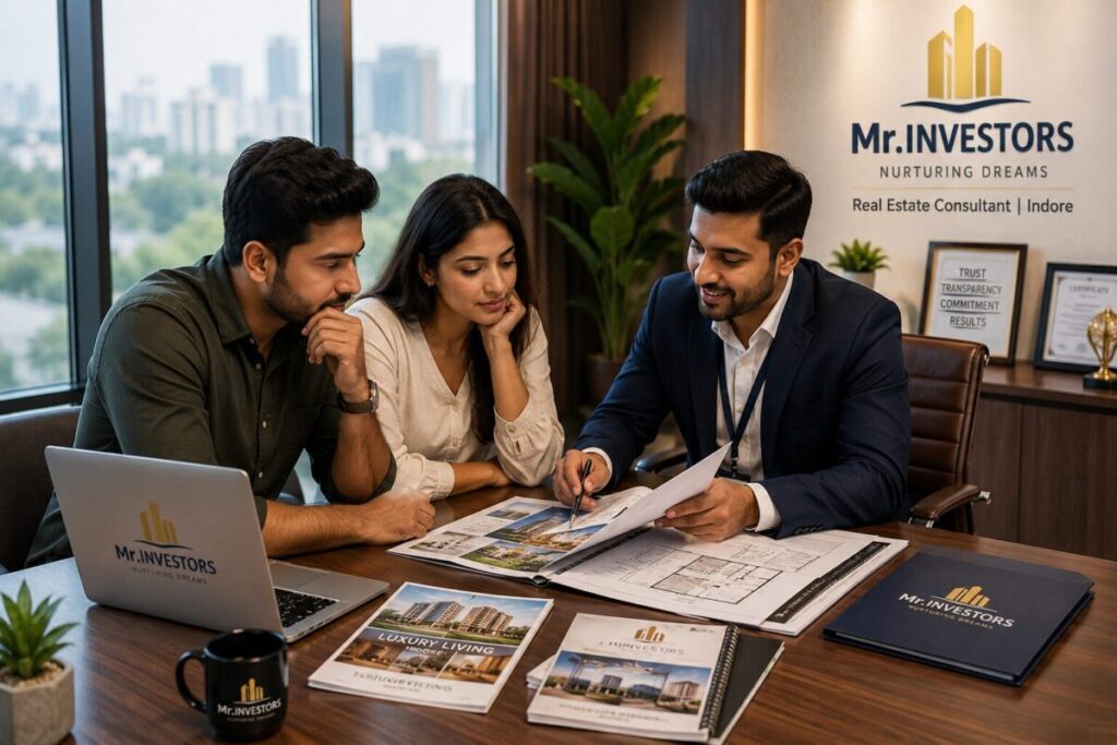 Professional real estate consultant in Indore guiding a family while reviewing property documents.