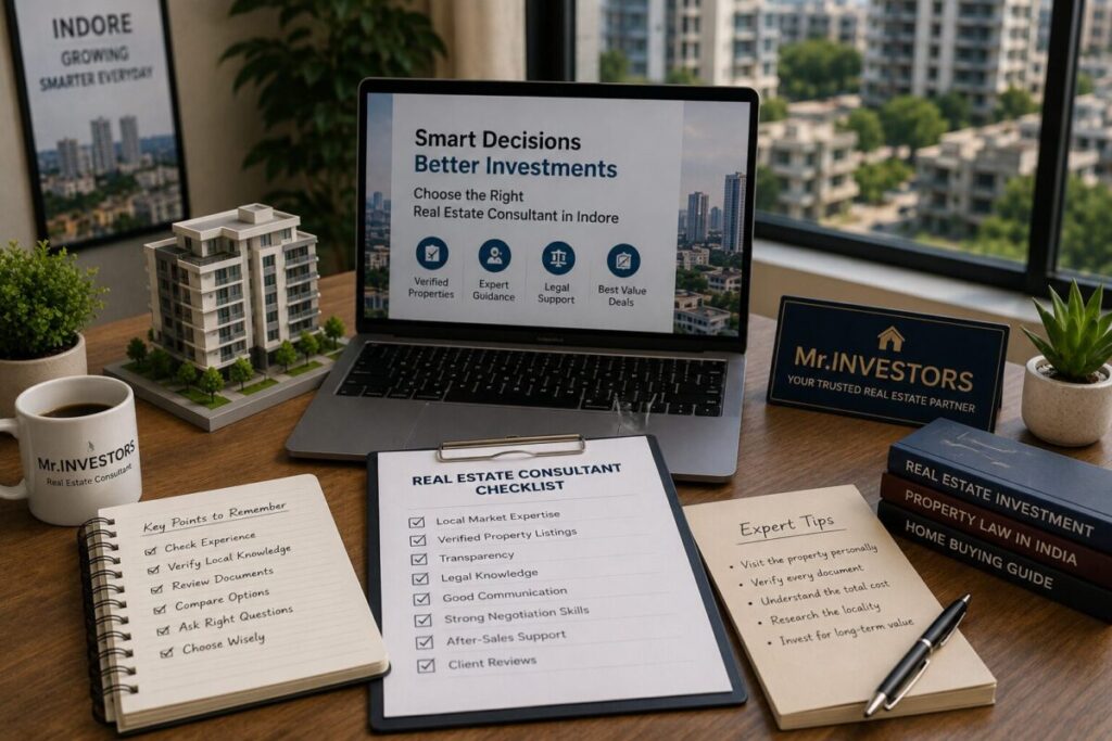 Experienced Real Estate Consultant in Indore explaining property verification, legal documents, and investment advice to home buyers in a modern office.