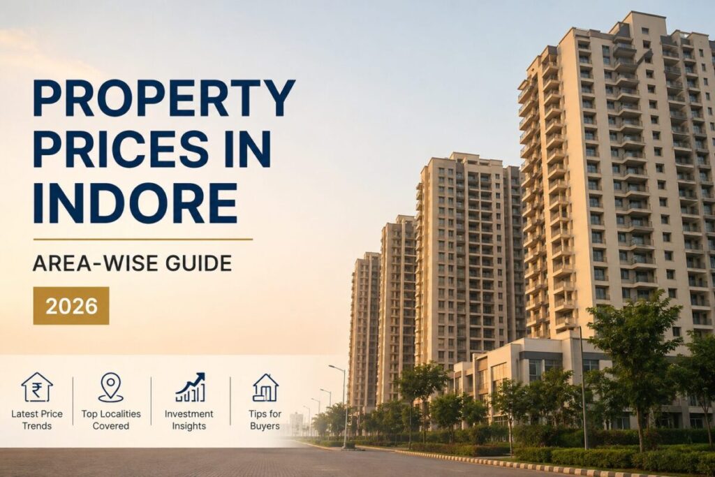 "Modern luxury apartment buildings in Indore showcasing contemporary architecture, landscaped surroundings, and premium residential living for the Property Prices in Indore 2026 area-wise guide."