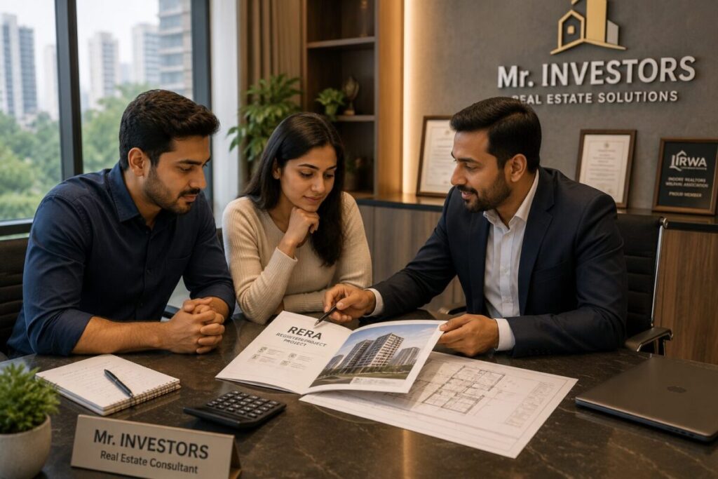 Indian homebuyers verifying RERA-approved property documents before buying a home in Indore.
