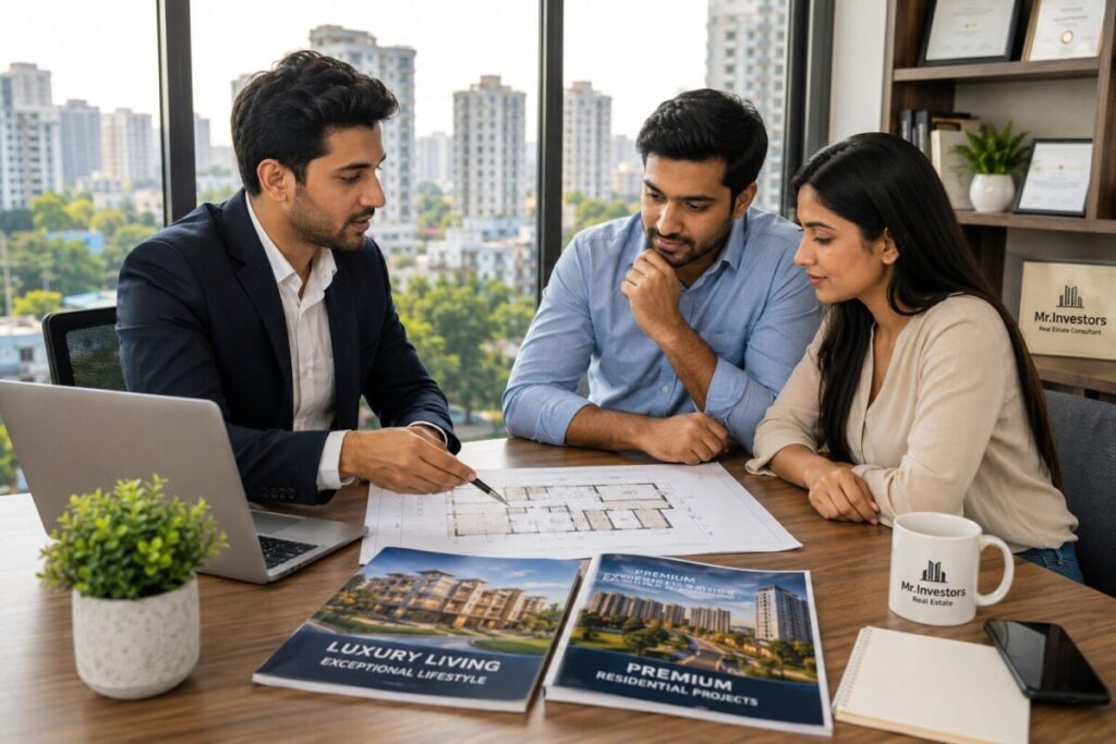 Professional Real Estate Consultant in Indore explaining residential property floor plans to homebuyers in a modern office with luxury project brochures and city skyline.